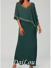Sheath / Column Mother of the Bride Dress Plus Size Elegant V Neck Floor Length Chiffon Half Sleeve with Lace 2021