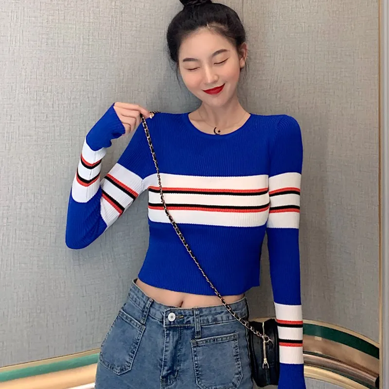 Autumn Winter Striped Sweater Women Knitted High Elastic Jumper Women Sweaters Pullovers Striped Female Ladies Tops