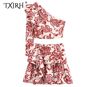 

TXJRH Red Floral Print Elastic Pleated Blouse Skew Collar One Sleeve Ruffles Shirt Crop Tops Tied Bow Short Skirt 2 Pieces Sets