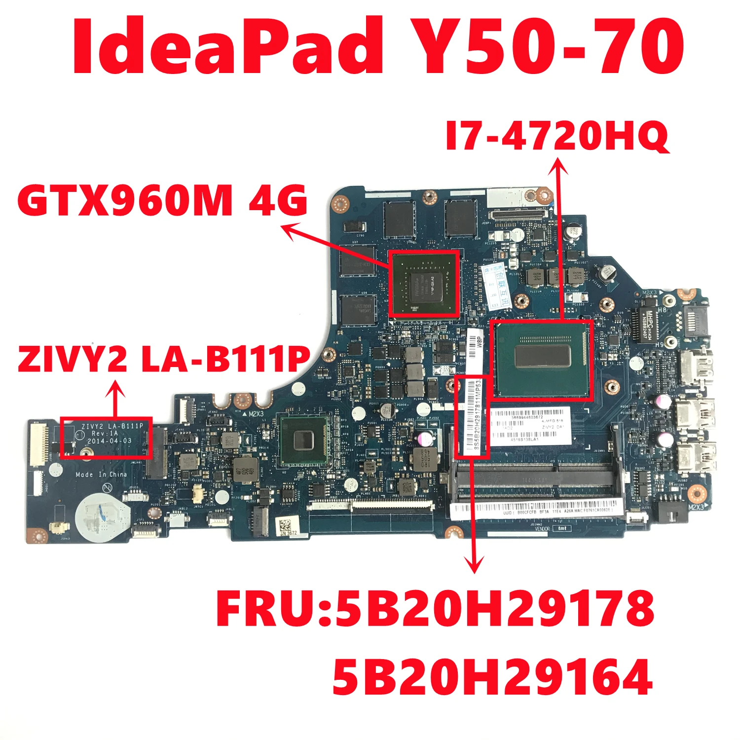 FRU:5B20H29178 5B20H29164 для материнской платы ноутбука Lenovo IdeaPad Y50-70 ZIVY2 LA-B111P с процессором
