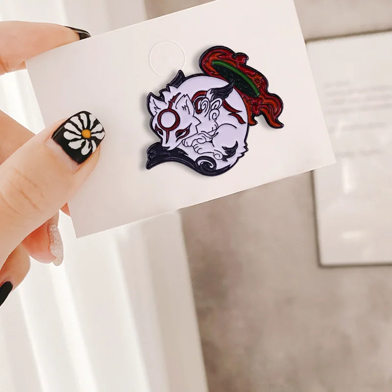 Okami amaterasu esmalte botão emblema japonês mitologia sol deusa lobo  branco broche jogo de vídeo arte jóias - AliExpress