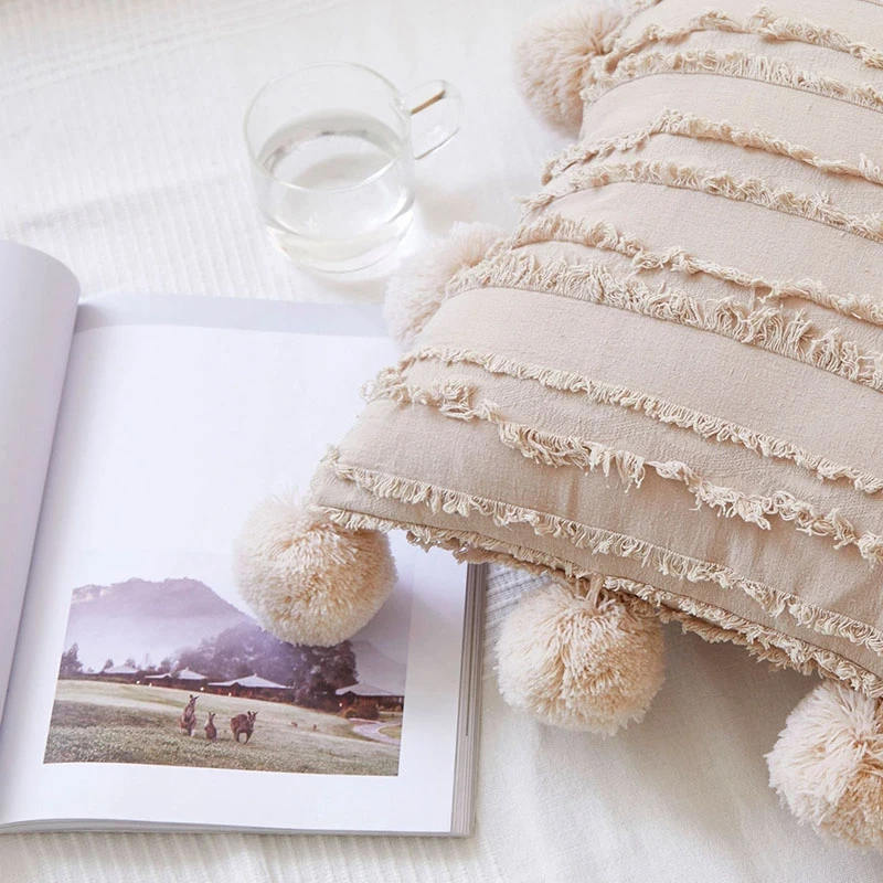 White Floral Fringed Pillowcase with Pompom Yellow Decorative Cushion Cover, Home Decoration Pillowcase 45X45cm