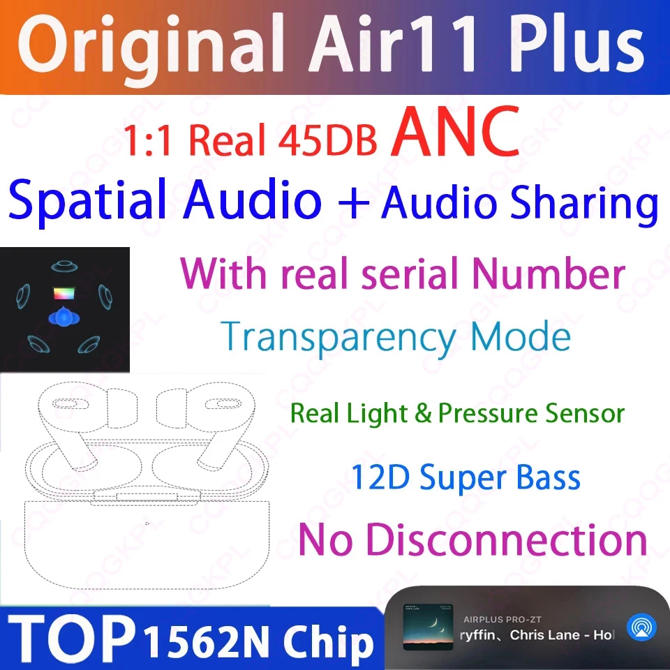45db ANC Air11 Plus TWS Earphone Spatial Audio Wireless Bluetooth Earbuds Noise Cancelling 12D Super Bass PK 1562A i99999 Plus