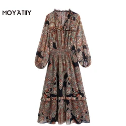 MOYATIIY vestido Midi con estampado Floral para mujer, traje Retro ondulado con volantes, manga farol, cintura elástica, 2022