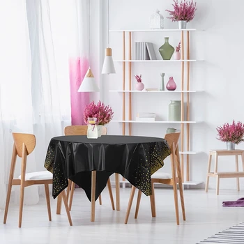 

Disposable Tablecloth Table Cover Bronzing Black Polka Print Party Birthday Wedding Party Tablecloth Golden PE Tablecloth
