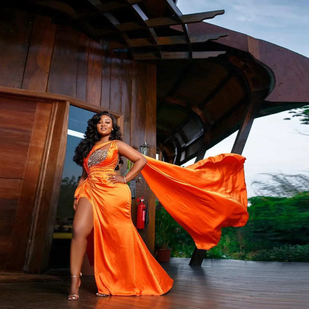 2022 Evening Prom Dresses Arabic Aso Ebi Orange Beaded Crystals High Split One Shoulder Formal Party Second Reception Gowns | Свадьбы и