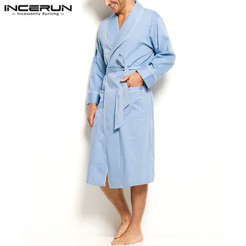 

Fashion Men Sleep Robe Solid Color Long Sleeve Cozy Bathrobes Leisure Homewear Lapel Nightgown Men Kimono Dressing Gown INCERUN
