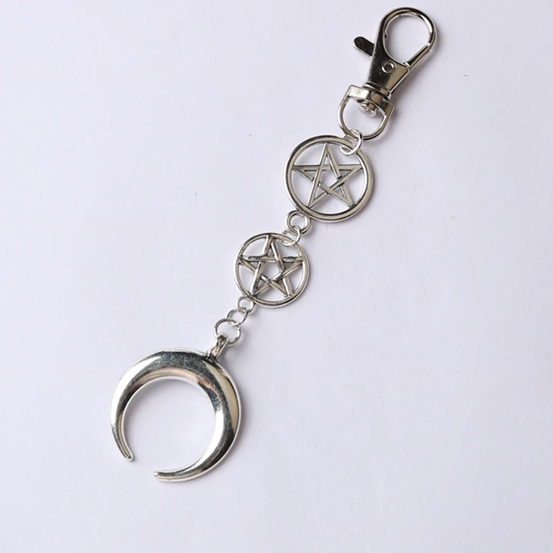 MOON PRIESTESS,crescent moon Keychain,inverted pentagram rotating  keychain,upside down moon,occult,goth,gothic,satanic symbols