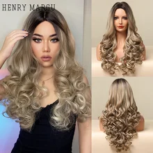 

HENRY MARGU Long Deep Wave Wigs Ombre Brown Blonde Synthetic Wig for Black Women Cosplay Party Middle Part Heat Resistant Fake