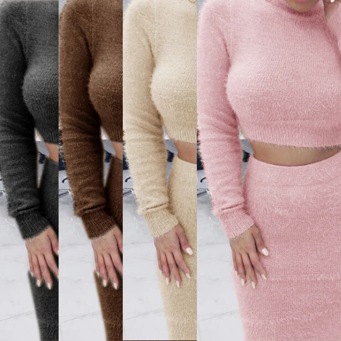 

Women Autumn Long Sleeve Pullover Sweater 2PCS Suit Set solid color Bodycon Dress Sweater Fashion Female Knitted Sweaters