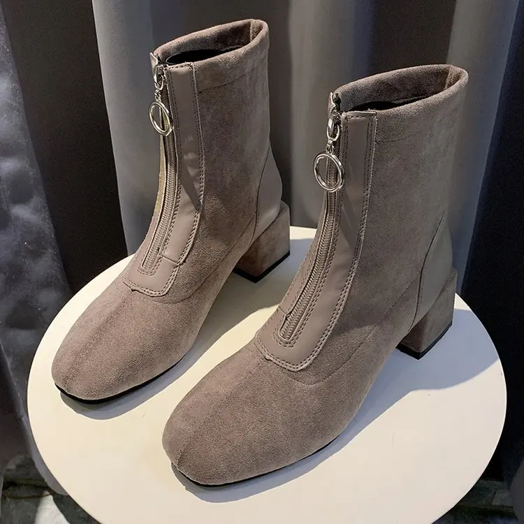 Женские ботинки средней высоты на квадратном каблуке; Zapatos de mujer; модные однотонные Ботинки martin из флока; повседневные женские ботинки «Челси»; короткие плюшевые ботинки