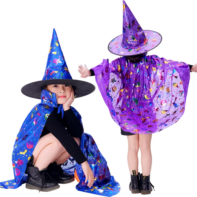 Kids Happy colorful Halloween princess Costume Set Wizard Witch Cloak Cape Robe and Hat for Boy Girl