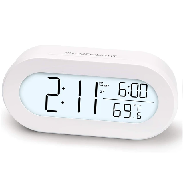Digital Alarm Clock for Desk or Bedroom Small Alarm Clocks for Kids Soft Backlight Snooze and Temperature Battery Operator Clock White