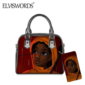 

ELVISWORDS African Queen Black Girl Women 2PCS PU Handbag and Purse 2020 Fashion New Lady Casual Crossbody Bag Toiletry bag