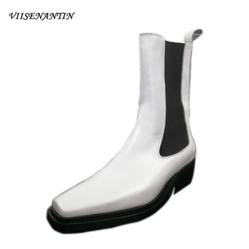 

Mixed Color Leather Chelsea Boots Mid-heel Boots Square Toe Low-heel Casual Boots Trendy Women's Over-the-knee Stretch Boots