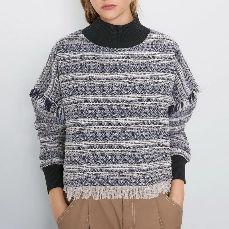 

Popular Women Loose Pullover Autumn 2019 New Fashion Raw Edge Striped Pattern Modern Girl Popular Sweatshirt Wide Tops