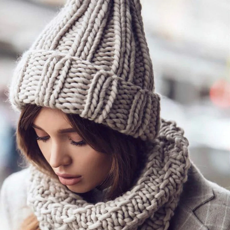 Зимние вязаные шапки для женщин, модная теплая шерстяная шапка с ушками, плотная мягкая женская шапочка, однотонная зимняя шапка для девочек