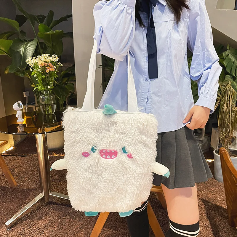 Women new Japanese cute funny plush handbag personality embroidery little monster plush girl student shoulder bag female bag