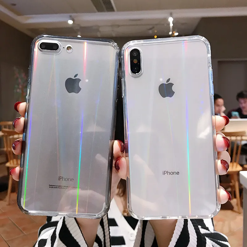 

JEKASS Transparent Clear Aurora Laser Case for iPhone X XR XS Max for iPhone 7 8 6 6s plus Tempered Glass Phone Case Cover