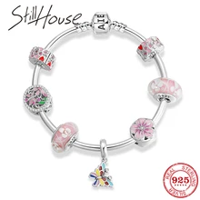 Розовые подвески в форме бабочки 925 пробы серебряные стеклянные бусины цепочка из змеиных костей Браслеты Женские аксессуары модные ювелирные изделия подарок