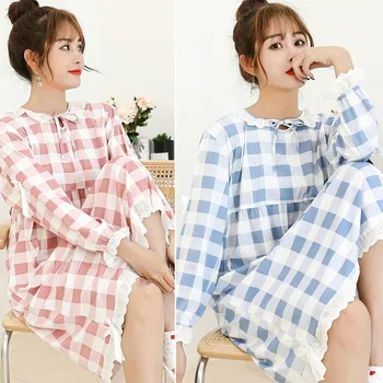 

Women Nightgown O-neck Long Sleeve Cartoon Print Sleepwear Lace Night Gown Female Sleeping Dress