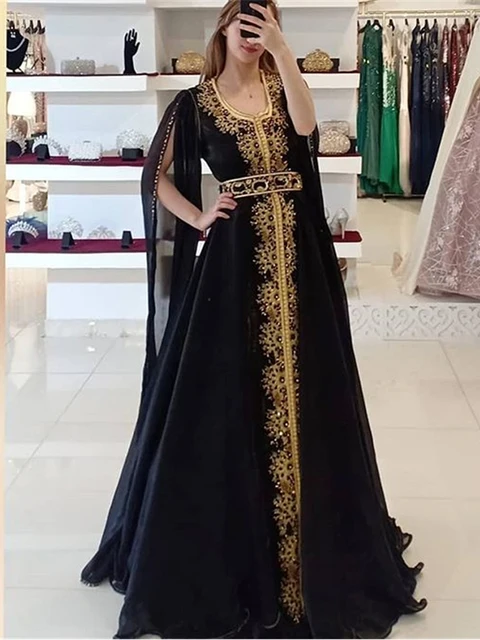 LORIE Moroccan Caftan Black Evening Dresses Formal Chiffon Cap Sleeves Formal Gold Lace Appliques Dubai Party Gowns Custom Made 2