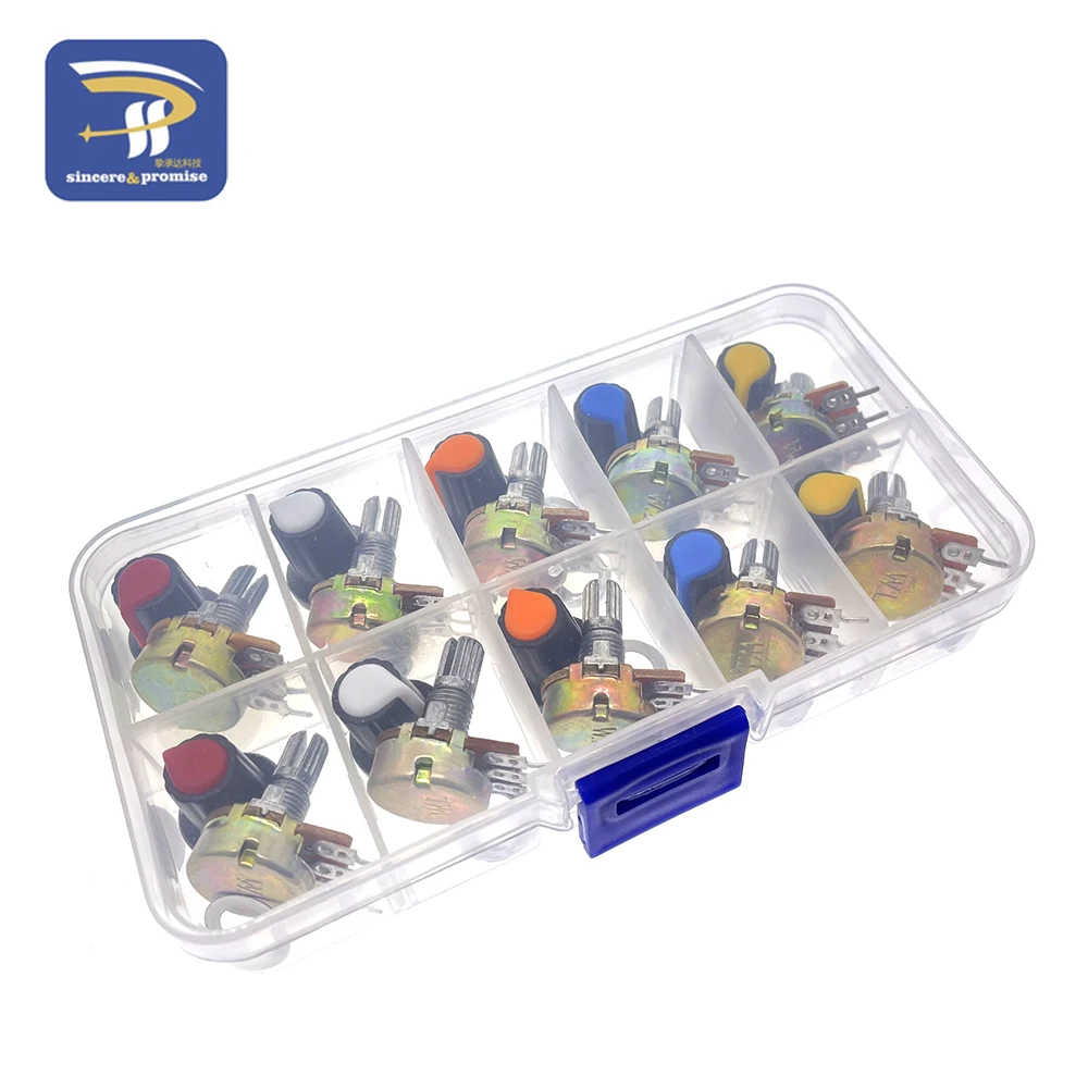 WH148 Potentiometer Kit B1K 2K 5K 10K 20K 50K 100K 250K 500K 1M 15mm Linear Taper Rotary Resistor Set 3pin With Cap linear potentiometer,rotary potentiometer,potentiometer kit,adjustable resistor