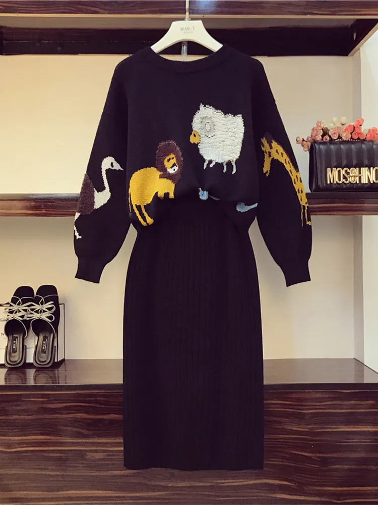 ALPHALMODA жаккардовый Свободный вязаный свитер+ Юбка До Колена Для Женщин 2 шт. модный костюм 3D вышивка животный узор комплект