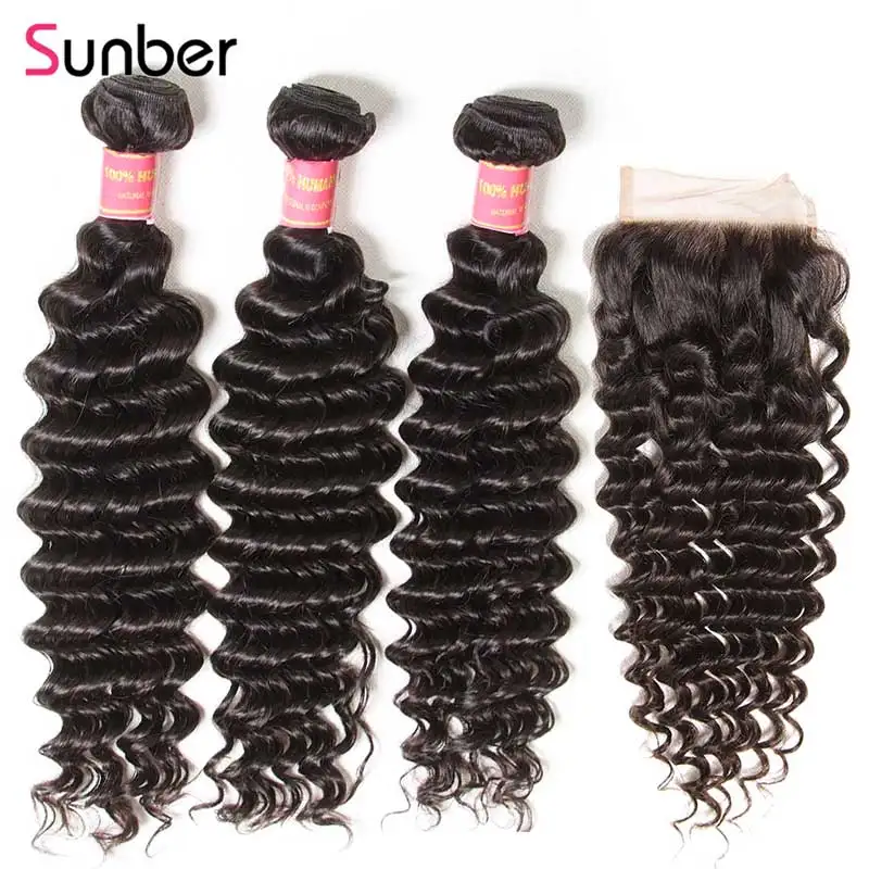 

Sunber Peruvian Hair Deep Wave Bundles With Closure 4pcs/lot Remy Human Hair Weave 3 Bundles With Lace Closure 4*4 Free Part