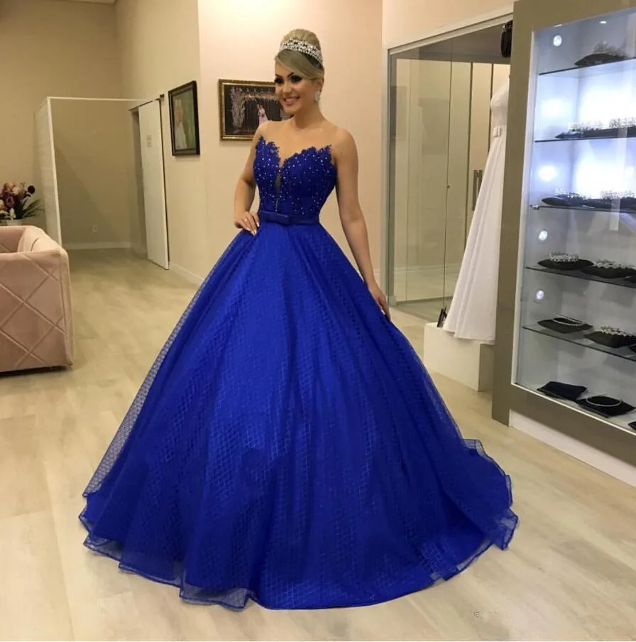 

Royal Blue evening Dresses 2019 Ball Gown Modest Dubai Arabic Sheer Neck Luxury sweep Train Princess Occasion Evening Gowns