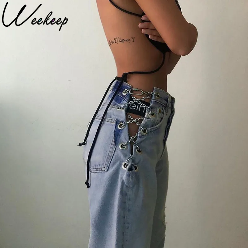 Женские джинсы с завышенной талией Weekeep элегантные широкими штанинами и боковыми