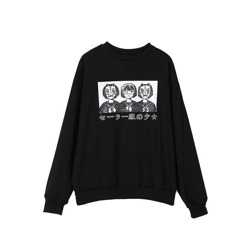 Kpop японский стиль аниме печати Harajuku Толстовка для женщин 3 девушка черный повседневный Готический толстовки Kpop Overszie Толстовка шикарный стиль