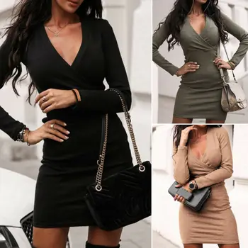 

Women Casual V Neck Jumper Dress Ladies Winter Long Sleeve Bodycon Midi Hip Dresses
