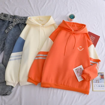 

Casual Sweatshirt Smiling Face Printing Funny Hoodies Women Hooded Contrast Color Patchwork Fleece Warm Harajuku Female Tops