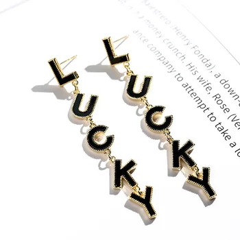

Letter lucky charms long earrings for women S925 pin heigh quality black dangle drop unique fashion earring jewelry for gifts