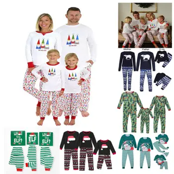 

Family Matching Winter Warm Christmas Pajamas Set Printing Tops Striped Pants Bottom Women Baby Kids Sleepwear Nightwear
