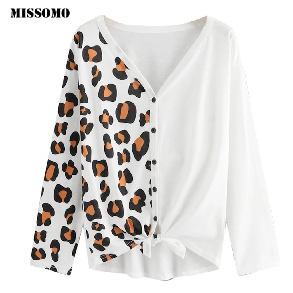 

MISSOMO Korea Clothes Women Tops Long Sleeve Leopard Print Panel Knot Hem Tee Button vintage tshirt women tee shirt femme 716