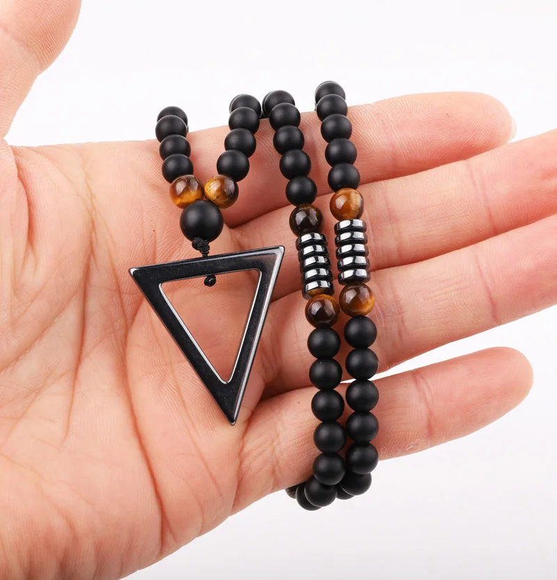 High Quality 24 Inches New Design Natural Stone Matte Onyx Tiger Eye Beads Hematite Triangle Charm Pendant Necklace For Men - Image 3