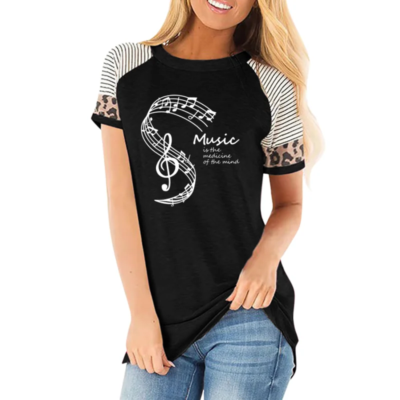 

Music Is The Medicine of The Mind Women T-Shirts Summer Print Tshirt Casual Cotton T-shirt O neck striped leopard Femme Tshirs