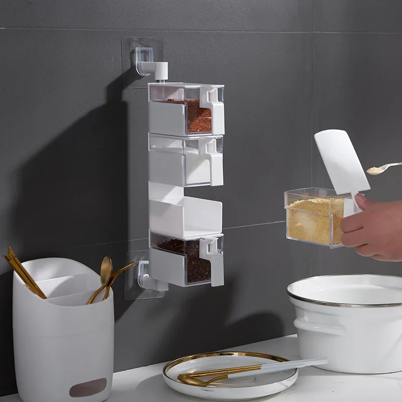 

Creative Rotate Seasoning Boxes Fashion 2 3 4 Boxes with Spoons Nail Free Wall Mount Kitchen Storage Boxes for Salt Sugar