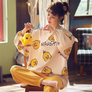 

2020 Spring New Fashion Ladies 100% Cotton Made Soft Cartoon Duck Print Loose Seelpwear Pajamas