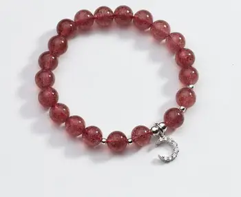 

Authentic 8MM Real 925 Sterling Silver Fine Jewelry Natural Strawberry Quzrtz Stone&Moon beads Charms Bracelet GTLS680
