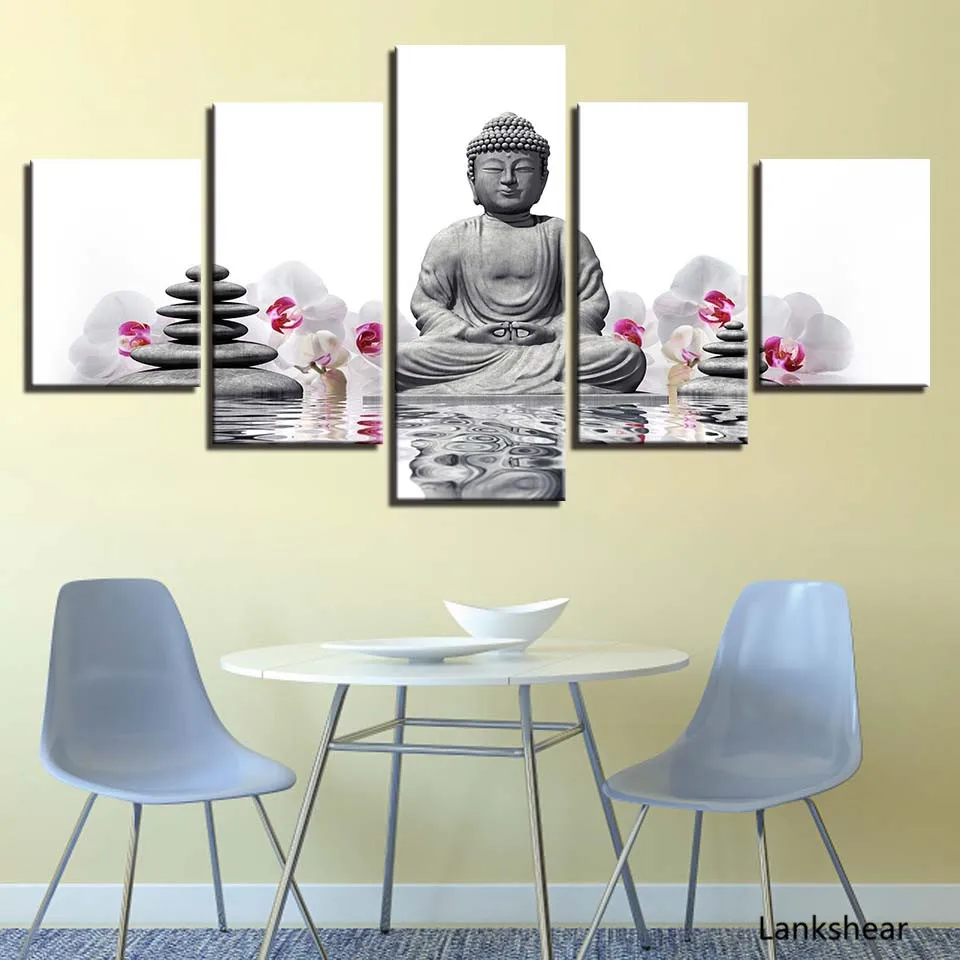 

Canvas Prints Paintings Home Decor 5 Pieces Stone Statue Of Buddha Pictures White Moth Flowers Posters Wall Art Framework