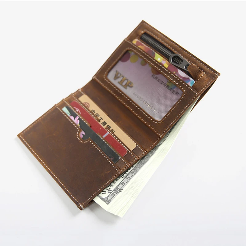Brand Designer Genuine Leather Men Wallets Vintage Crazy Horse Cowhide Male Short Slim Walet Card Holder Purse with Coin Pocket