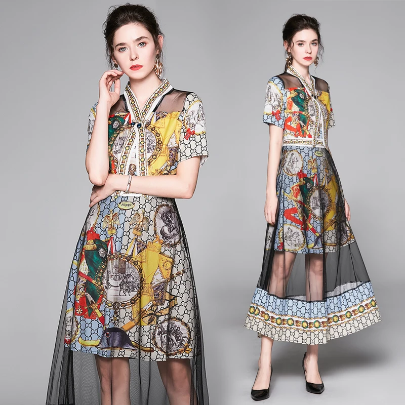 

Elegant Woman Summer Print Dress Mesh Patched Female Slim A-line Dresses V-neck Short Sleeve Dress for Woman