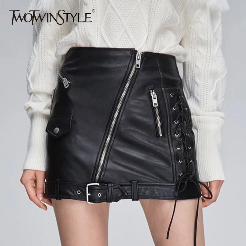 TWOTWINSTYLE из искусственной кожи женские юбки со шнуровкой высокая талия карман на