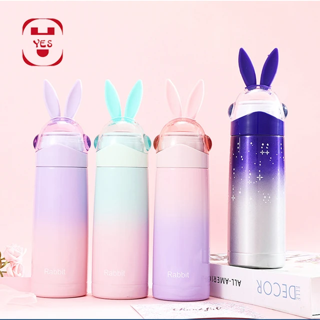 Stainless Steel Water Bottle Rabbit Cap Sport Water Bottle Student Girl  Insulated Vucuum Mug with Rope 350ml