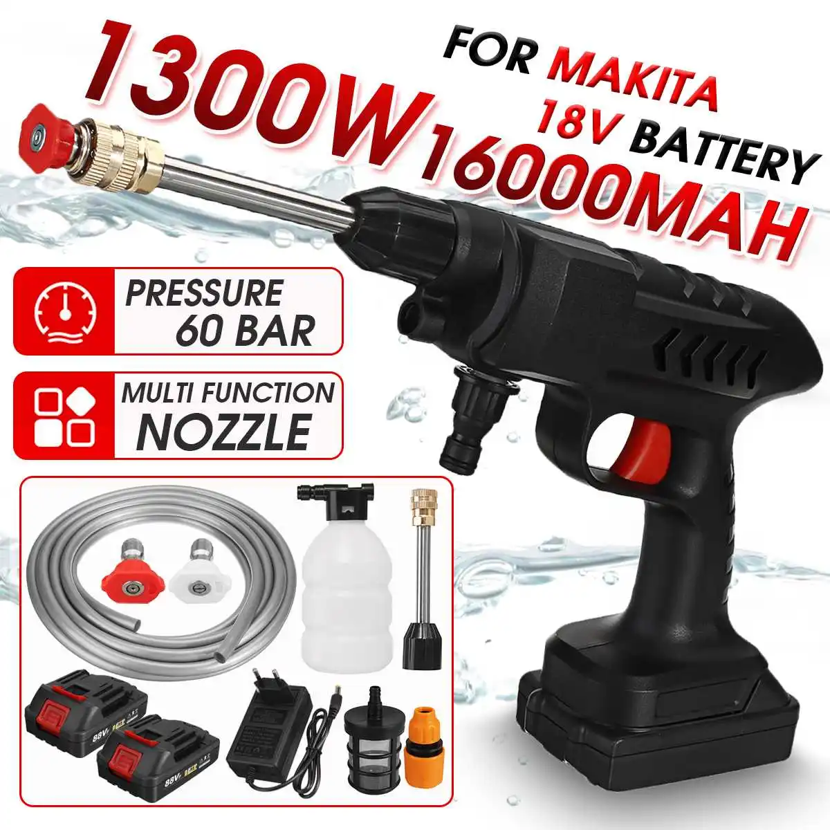 High Pressure Cordless Washer Spray Water Gun 1300w 88vf With 16000mah Battery Car Wash Cleaning 