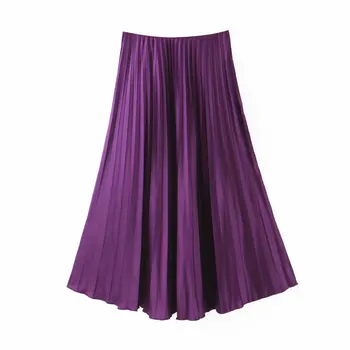 

Women Elegant Purple Pleated Skirt Elastic Waist Basic Solid Midi Skirts Female Casual Mid Calf Skirts Mujer