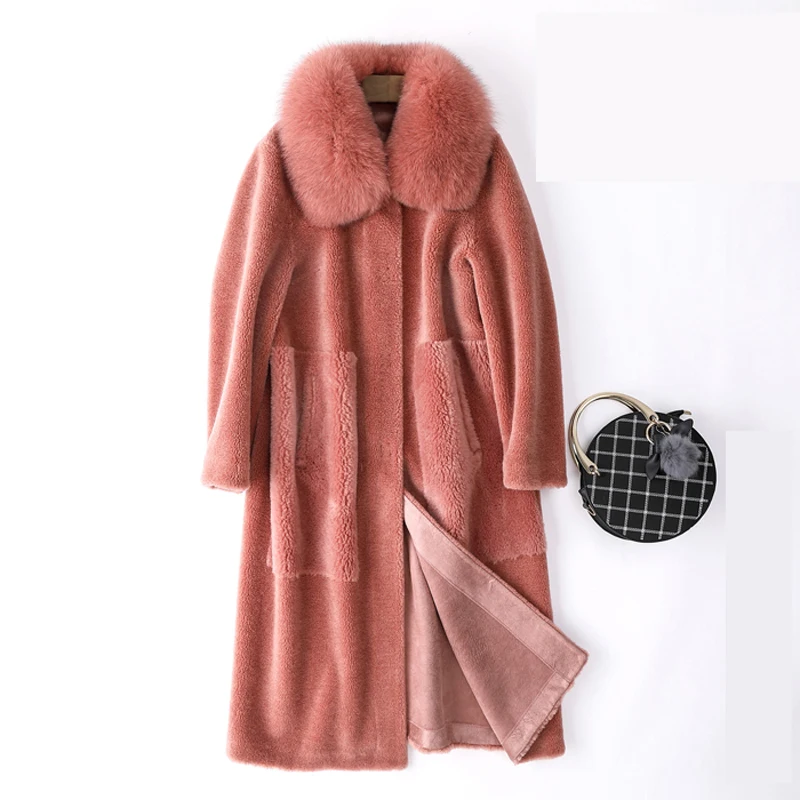 

Real Fur Coat Fox Fur Collar Wool Jacket Autumn Winter Coat Women Clothes 2019 Sheep Shearling Korean Suede Lining Tops ZT3663
